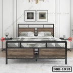 Modern double steel bed with wooden accents in a contemporary bedroom setting