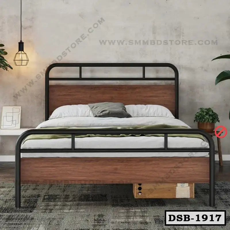 Modern double steel bed with wood accents in a stylish bedroom, minimalist decor Main image