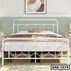 White double steel bed with geometric headboard, modern bedroom decor, storage baskets underneath