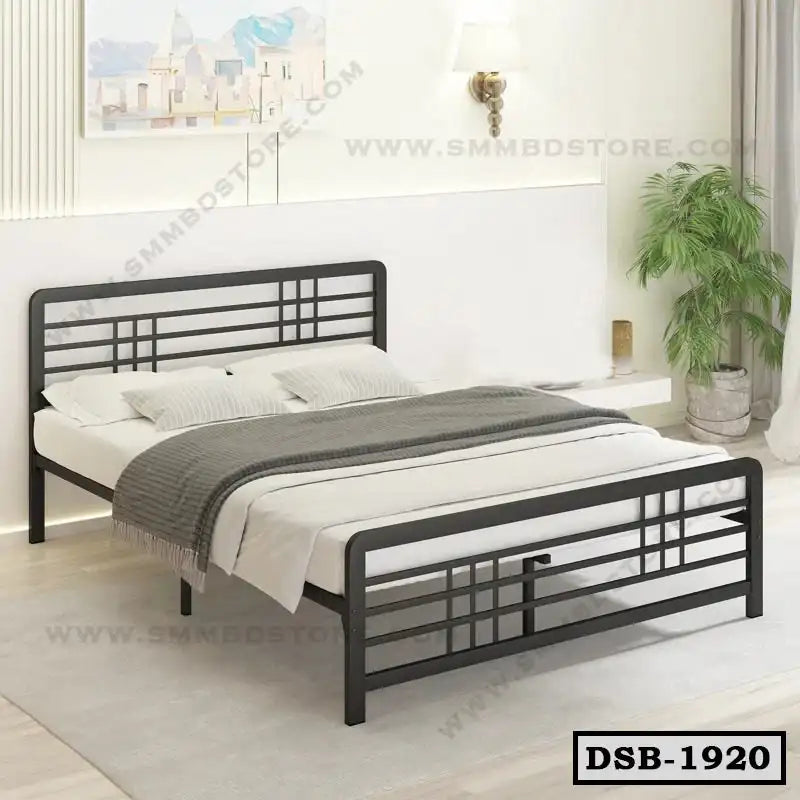 Modern double steel bed with black frame in a bright, minimalist bedroom setting. Main image