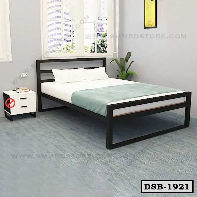 Modern double steel bed with white bedding in a bright bedroom with side table and indoor plant. Main image