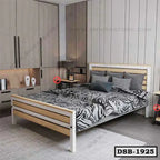 Modern double steel bed with wood accents in a contemporary bedroom