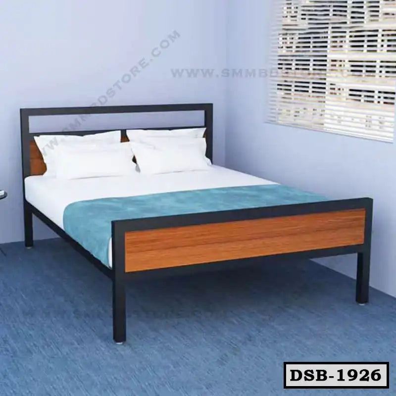 Modern double steel bed with wood accents in a bright bedroom setting Main image