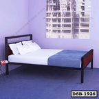 Modern double steel bed with white bedding in a purple bedroom, model DSB-1926.