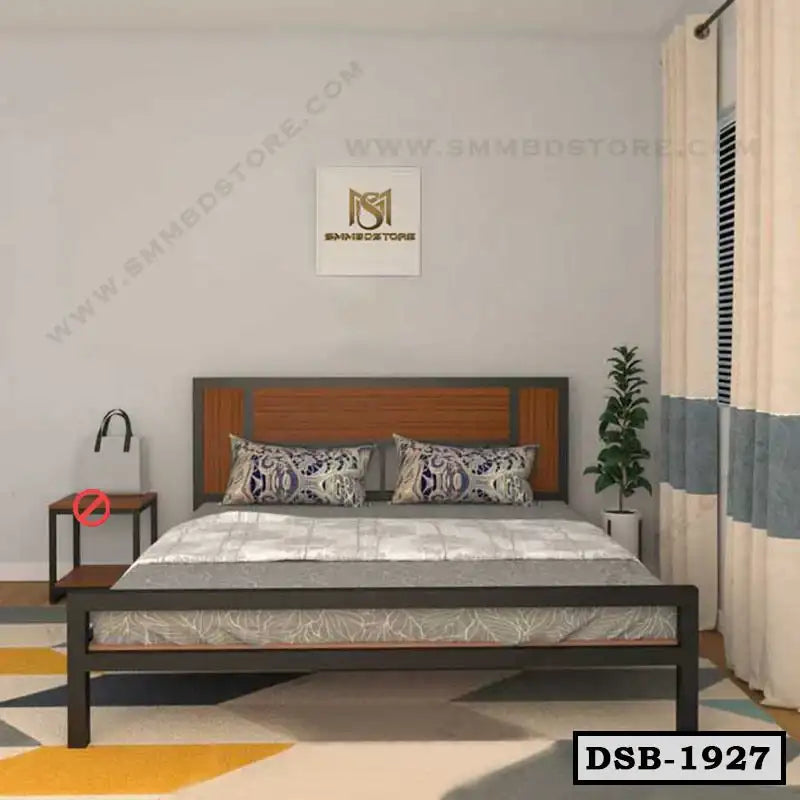 Modern double steel bed with wooden accents, decorative pillows, and minimalist bedroom decor Main image