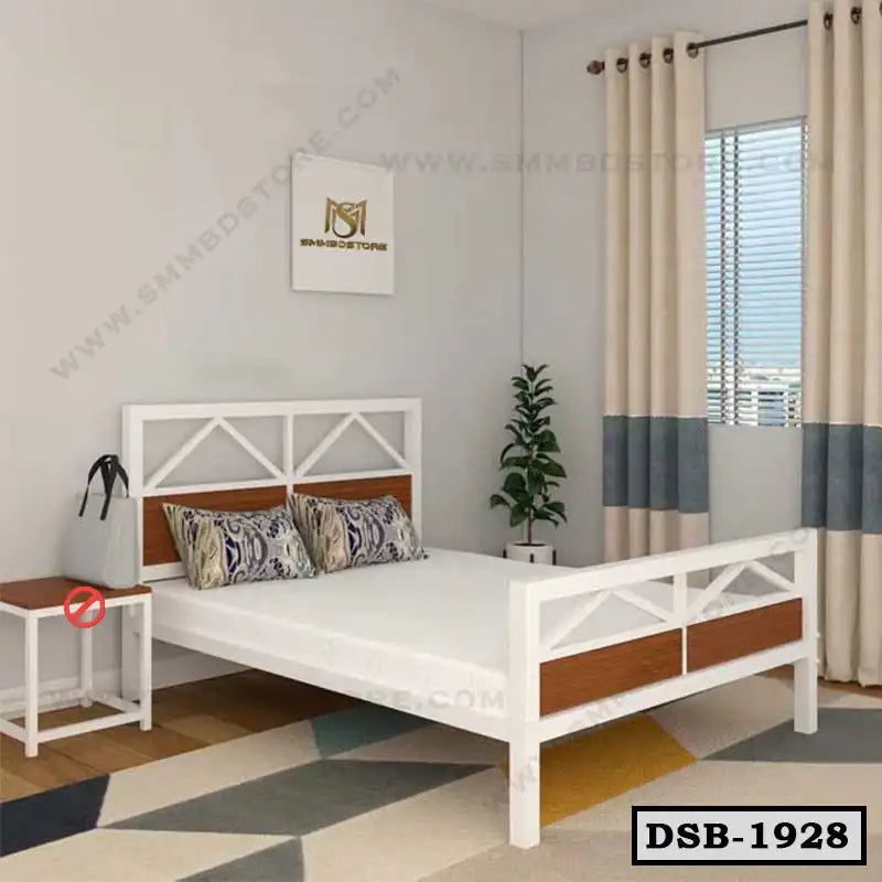 Modern double steel bed with white and wood frame in a bright, stylish bedroom setting