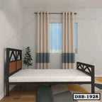 Modern double steel bed frame with wooden accents in a bright, minimalist bedroom