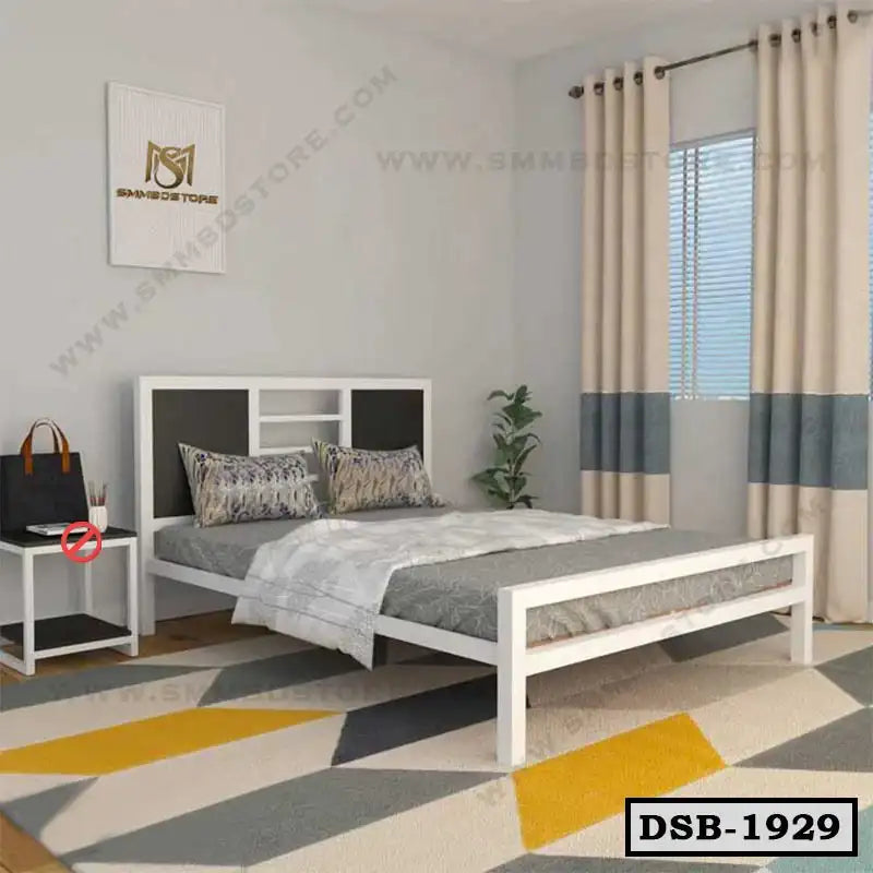 Modern double steel bed with stylish headboard, geometric rug, and bedside table in bedroom
