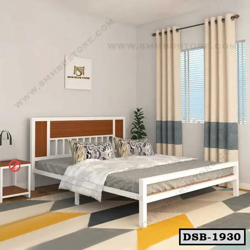 Double steel bed with wooden headboard, modern bedding in a bright bedroom Main image