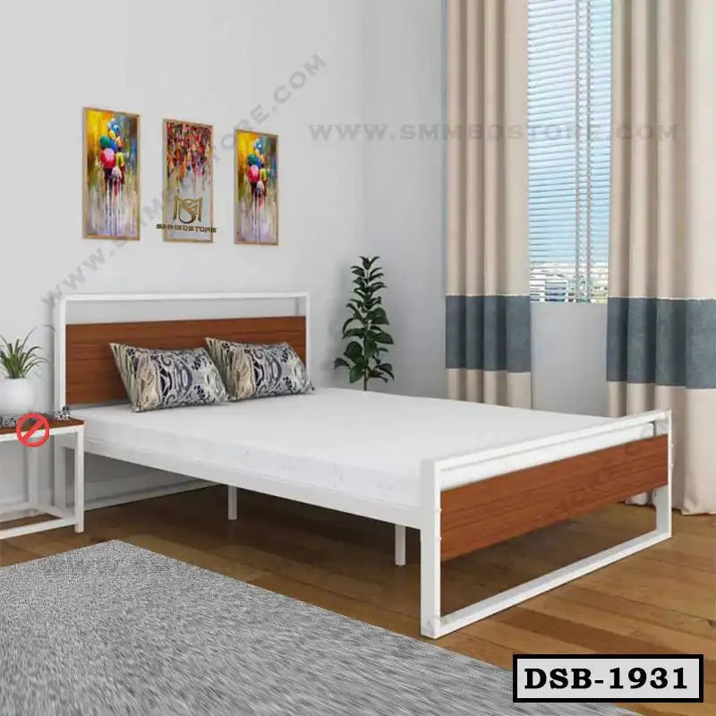 Modern double steel bed with wood accents in a bright bedroom with decor and curtains