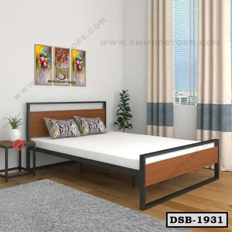 Modern double steel bed with wood accents in a bright bedroom, two pillows, side table, indoor plant, large window curtains. Main image