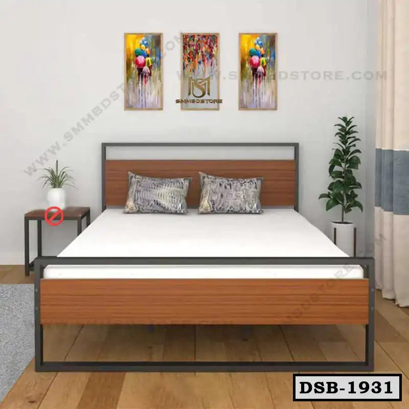 Modern double steel bed with wood finish, decorative pillows, and bedroom decor