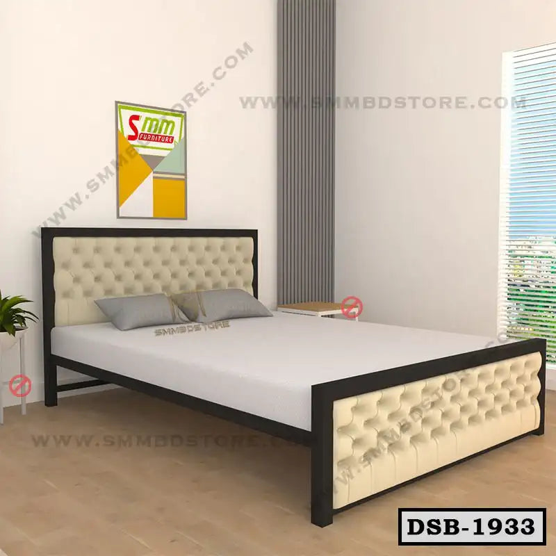 Modern double steel bed with tufted upholstered headboard in a bright bedroom