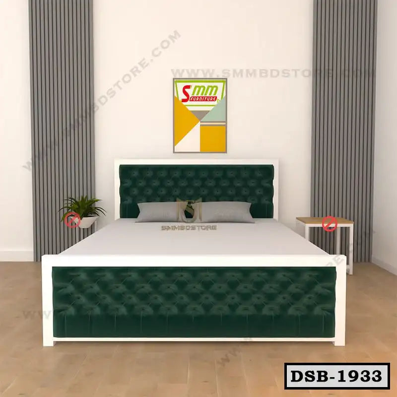 Modern double steel bed with green tufted headboard in a minimalist bedroom