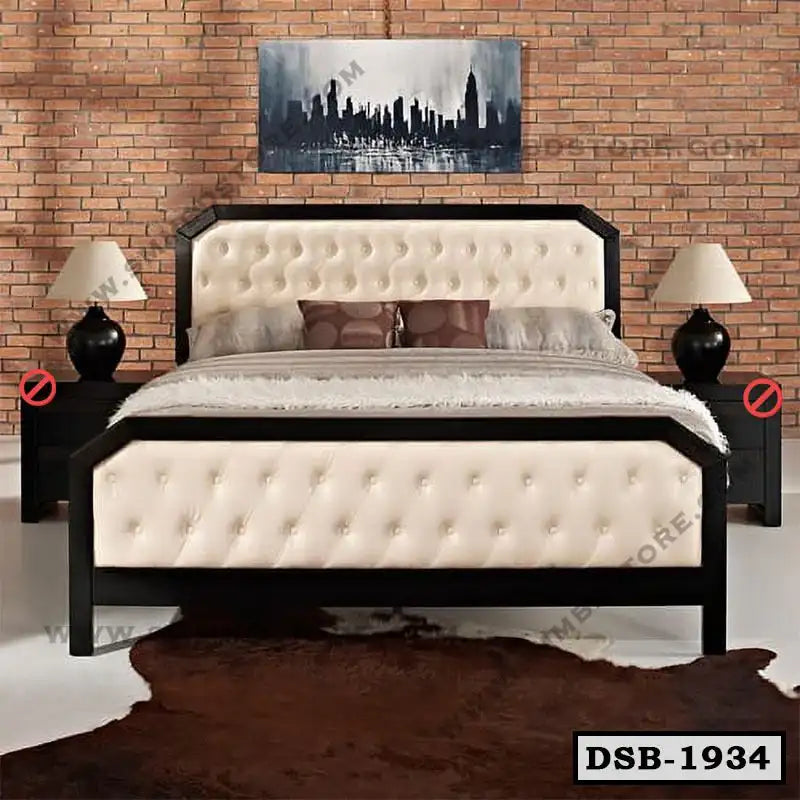 Modern double steel bed with upholstered headboard in a stylish bedroom setting