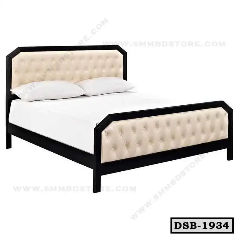 Modern double steel bed with padded beige headboard and footboard, minimalist design