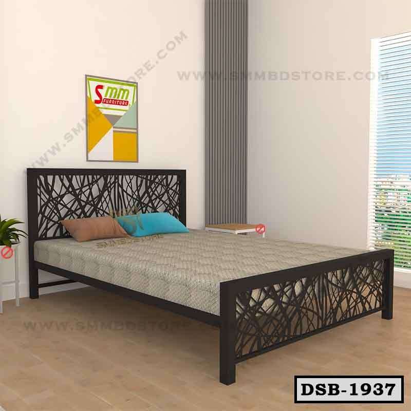 Modern double steel bed with abstract headboard design in a bright bedroom with wooden floor Main image