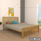 Modern double steel bed with abstract headboard design in a bright bedroom setting.