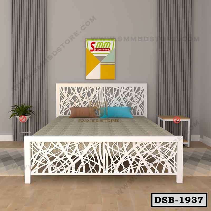 Modern double steel bed with abstract white headboard in a contemporary bedroom