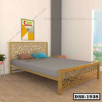 Modern double steel bed with geometric headboard, gray mattress, in bright bedroom
