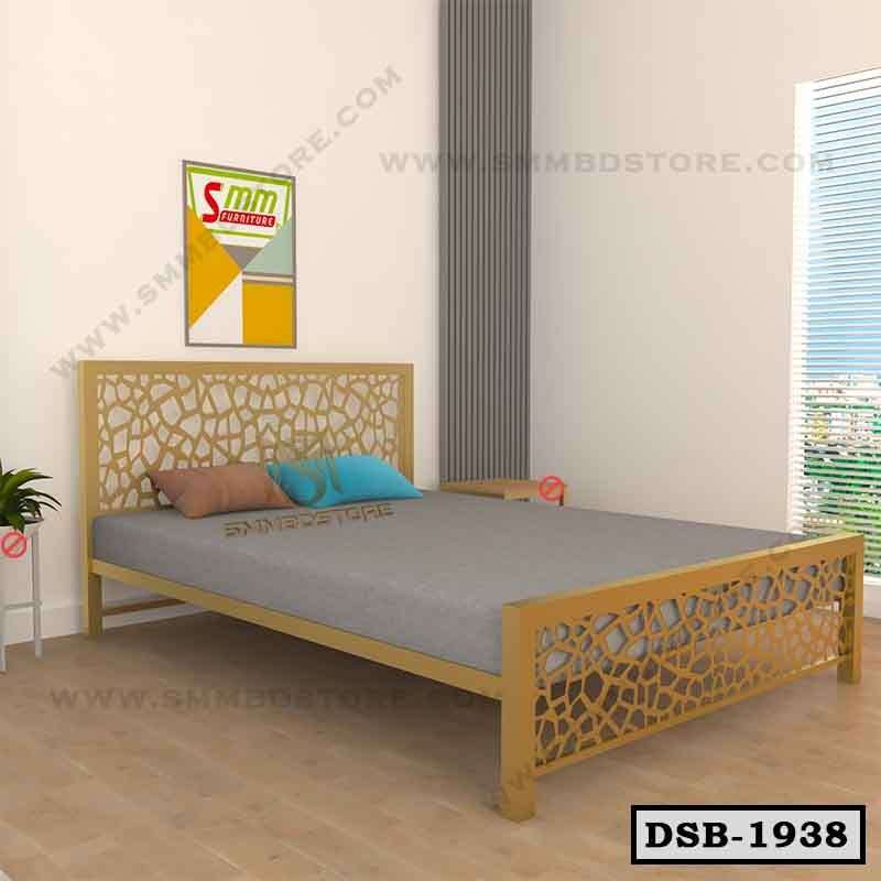 Modern double steel bed with geometric headboard, gray mattress, in bright bedroom