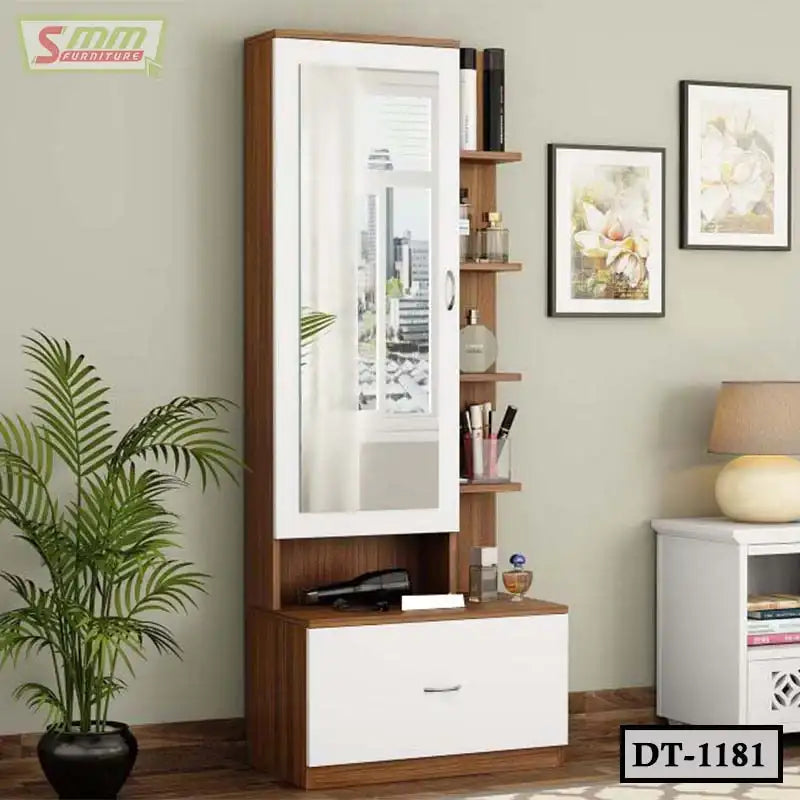 Modern wooden dressing table with mirror, storage shelves, and white drawer in a bedroom. Main image