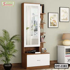 Modern wooden dressing table with mirror, storage shelves, and white drawer in a bedroom.