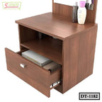Wooden dressing table with mirror, storage shelves, and open drawer containing boxes.