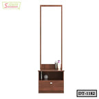 Wooden dressing table with full-length mirror, storage shelf, and cosmetic items, model DT-1182