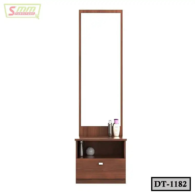 Wooden dressing table with full-length mirror, storage shelf, and cosmetic items, model DT-1182