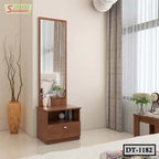 Modern wooden dressing table with large mirror and storage in a bright bedroom corner