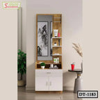 Modern wooden dressing table with mirror, open shelves, storage cabinet, and decor items in a room