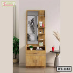 Wooden dressing table with mirror, open shelves, and storage cabinet in modern room setting.