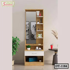 Modern wooden dressing table with mirror, open shelves, and storage drawer in a minimalist room