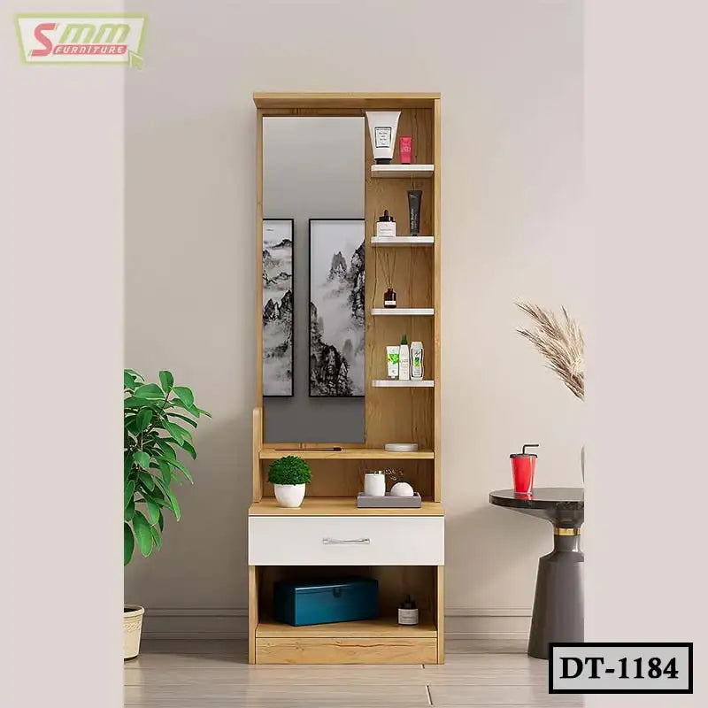 Modern wooden dressing table with mirror, open shelves, and storage drawer in a minimalist room