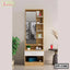 Modern wooden dressing table with mirror, open shelves, and storage drawer in a minimalist room