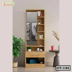 Wooden dressing table with mirror, shelves, drawer, and modern decor in a bedroom setting