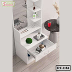White modern dressing table with shelves, drawer, and mirror, organized with cosmetics and decor.