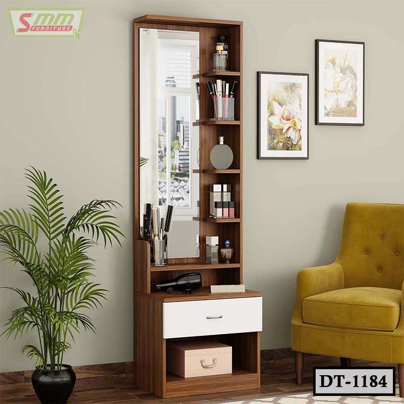Wooden dressing table with mirror, shelves, white drawer, and accessories in a modern room Main image