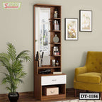 Wooden dressing table with mirror, shelves, white drawer, and accessories in a modern room