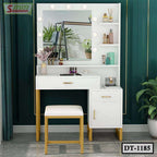 Modern white and gold dressing table with mirror, lights, stool, and storage shelves