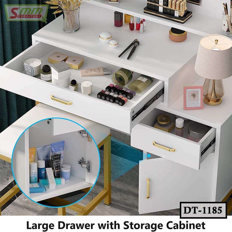 White dressing table with large drawers, storage cabinet, and beauty accessories displayed