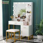 Modern white dressing table with lighted mirror, storage shelves, and cushioned stool
