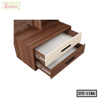 Modern wooden dressing table with two open drawers and black handles, minimal design