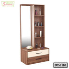Modern wooden dressing table with mirror, open shelves, and two drawers, model DT-1186.