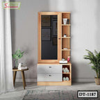 Modern wooden dressing table with mirror, shelves, drawers, and storage baskets
