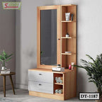 Modern wooden dressing table with mirror, shelves, and drawers in a minimalist room