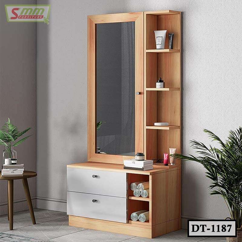 Modern wooden dressing table with mirror, shelves, and drawers in a minimalist room