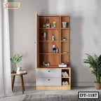 Modern wooden dressing table with shelves, two drawers and storage, styled with decor items