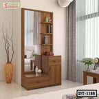 Modern wooden dressing table with mirror, shelves, and drawers in a bright bedroom setting.